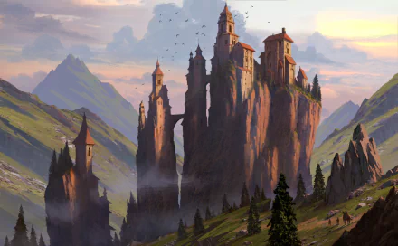 Fantasy castle perched on rocky cliffs with surrounding mountains and dramatic skies, captured in a vivid HD PC desktop wallpaper and background.