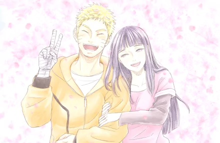 2K Quad HD PC wallpaper of Naruto & Hinata (Naruto Uzumaki, Hinata Hyuga) from Naruto anime; both smiling amid pink cherry blossoms, Naruto flashing a peace sign as Hinata leans on him.