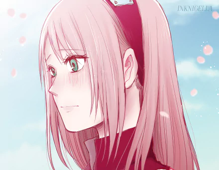 Sakura Haruno (Naruto) close-up anime portrait — pink hair, green eyes and a soft blush with petals drifting across a blue sky; 2K Quad HD PC desktop wallpaper and background.