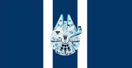 Minimalist Millennium Falcon spaceship centered on navy-blue and white vertical stripes — Sci Fi Star Wars 4K Ultra HD PC desktop wallpaper background.