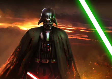Darth Vader stands in a burning sunset with a glowing green lightsaber, dramatic Star Wars sci‑fi scene — HD PC desktop wallpaper/background.
