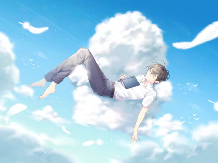 Original anime HD PC desktop wallpaper: a Sky Anime scene of a young man reclining on a fluffy cloud with a book on his chest, drifting through a bright blue sky and wispy clouds.