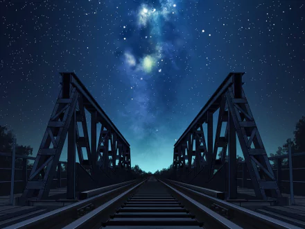 Anime HD PC desktop wallpaper: railroad tracks over a steel bridge beneath a vivid starry night sky — anime night scene.