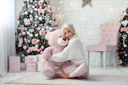 blonde Christmas teddy bear stuffed animal smile woman model HD Desktop Wallpaper | Background Image