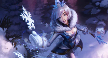 HD League of Legends desktop wallpaper featuring Lux in icy attire conjuring a snowflake, accompanied by a Poro in a snowy, mystical forest setting.