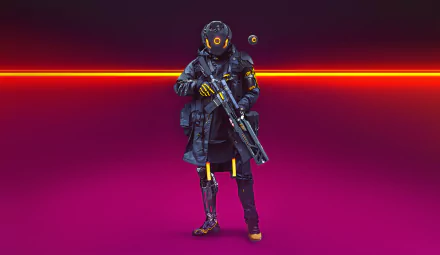 HD PC desktop wallpaper featuring a cyberpunk cyborg armed with a futuristic weapon, set against a glowing red neon background in a sci-fi style.