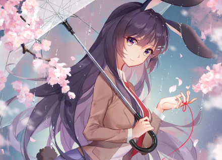 HD desktop wallpaper featuring Mai Sakurajima from Rascal Does Not Dream of Bunny Girl Senpai, holding an umbrella surrounded by cherry blossoms.