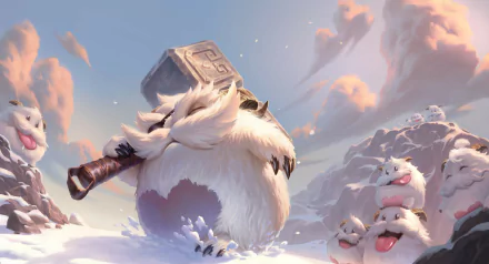 HD PC wallpaper of fluffy Poros from the video game Legends of Runeterra (League of Legends universe) playfully romping in snow under a pastel sky, one carrying a tiny hammer.