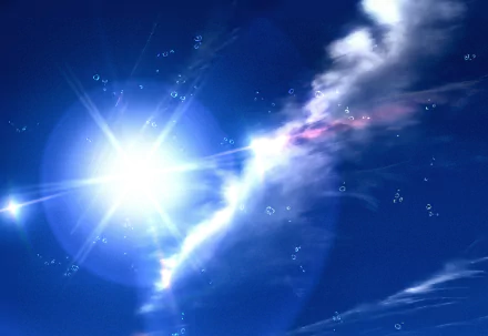 Anime-style HD PC desktop wallpaper featuring a bright, radiant sunburst against a vibrant, cloud-streaked blue sky with subtle glowing effects.