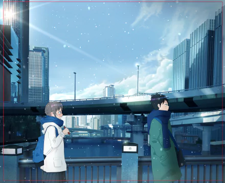 Original anime city 2K Quad HD PC desktop wallpaper: two characters in winter coats on an overpass, snow falling among glass skyscrapers beneath a bright blue sky.