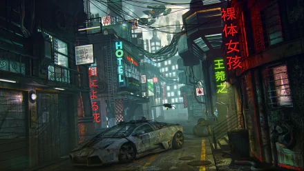 A futuristic Japan street scene at night with neon signs, a sleek sci-fi car, and dense urban architecture, rendered in 4K Ultra HD for PC desktop wallpaper.
