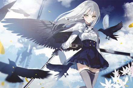 Anime-style character with white hair and large black wings, surrounded by black birds, set against a bright blue sky, designed as an HD PC desktop wallpaper.