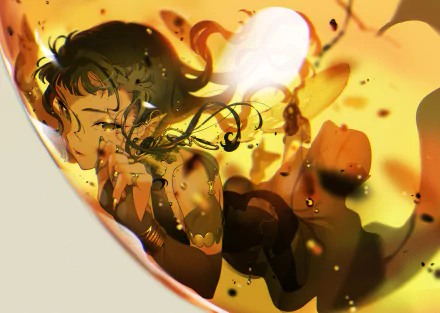 An original anime artwork featuring a character amidst vibrant golden hues, creating a captivating 4K Ultra HD desktop wallpaper and background.