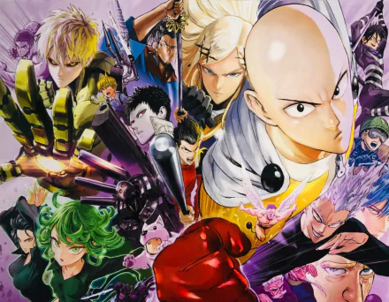 HD anime desktop wallpaper featuring Saitama and Flashy Flash from One-Punch Man among other characters in a dynamic, action-packed composition.