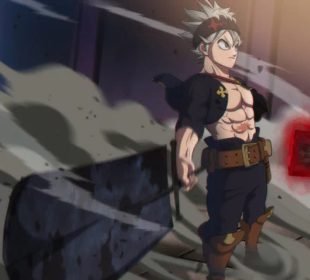 Asta from Black Clover stands confidently in this dynamic HD anime wallpaper, showcasing his muscular physique and determined expression amidst a swirling background.