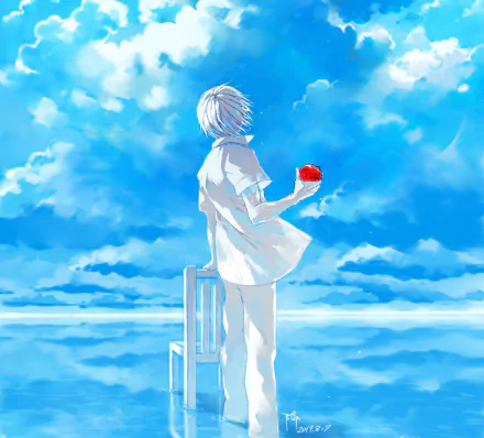 Ken Kaneki from Tokyo Ghoul:re stands on a chair against a vibrant blue sky, holding a red apple in this HD anime desktop wallpaper.