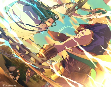 HD PC desktop wallpaper from Fate/Grand Order: Fujimaru Ritsuka (male), Mashu Kyrielight, Fou, Kingu, Enkidu and Gilgamesh (Caster/Gilgamesh) clash in a sunlit, action-packed scene.