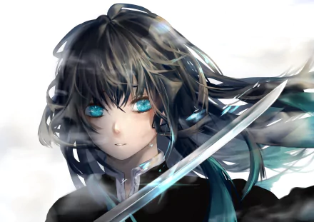 HD PC desktop wallpaper featuring Muichiro Tokito from the anime Demon Slayer: Kimetsu no Yaiba with striking blue eyes and a katana in hand.