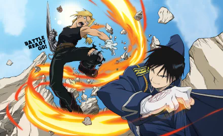 HD anime desktop wallpaper featuring Roy Mustang and Edward Elric from Fullmetal Alchemist in dynamic battle poses with fiery and rocky effects.