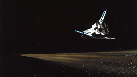 4K Ultra HD desktop wallpaper featuring a space shuttle gliding above a planetary surface against a starry space backdrop.