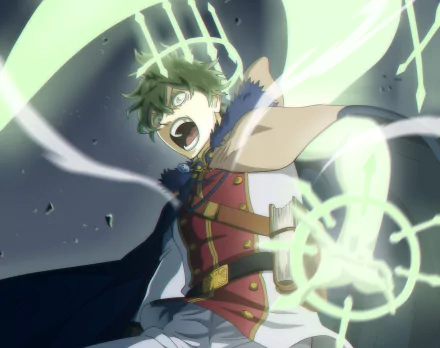 Yuno (Black Clover) unleashing vivid green wind magic, cape billowing and grimoire at his side — Anime, Black Clover HD PC desktop wallpaper and background.