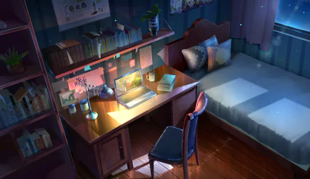 HD wallpaper of an anime-styled bedroom at night, featuring a computer on a desk, a cozy bed, and a view from the window.