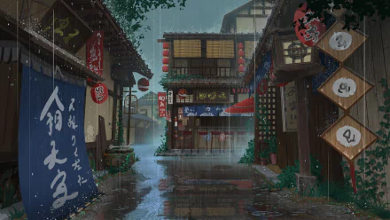 Anime-style HD wallpaper depicting a rainy street scene with traditional Japanese houses and hanging lanterns.