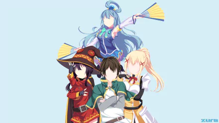 4K Ultra HD PC wallpaper of KonoSuba: Megumin, Kazuma Satou, Darkness and Aqua grouped in anime style from KonoSuba - God’s blessing on this wonderful world!!
