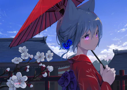 An anime character with animal ears and short hair stands in a traditional kimono, holding an umbrella. A flower adorns the character's hair, framed by a serene background, making it an eye-catching HD desktop wallpaper.
