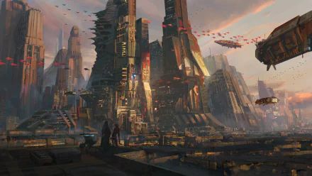 Futuristic sci-fi cityscape with towering, advanced skyscrapers and flying vehicles under a dramatic sky, captured in high-definition for a PC desktop background.
