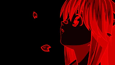HD PC desktop wallpaper of Lucy from the anime Elfen Lied, featuring a striking red and black color scheme with falling petals.