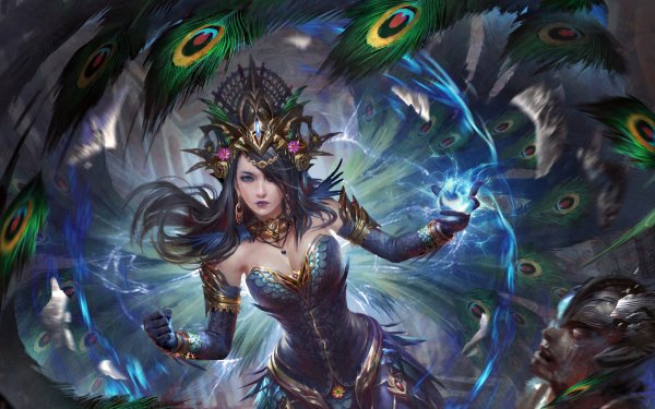 Video Game Legend Of The Cryptids Sorceress Headdress Feather Black Hair Blue Eyes HD Wallpaper | Background Image