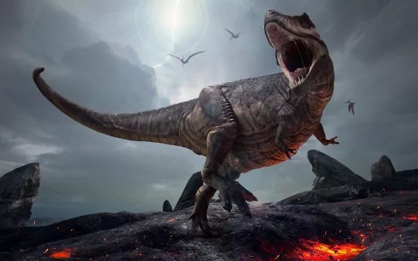 A fierce Tyrannosaurus Rex roars atop volcanic terrain under a stormy sky, captured in 4K Ultra HD for a striking PC desktop wallpaper.