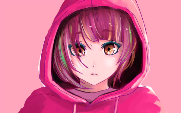 HD anime desktop wallpaper featuring an original character with brown eyes and pink hair, wearing a hooded sweatshirt against a soft pink background.