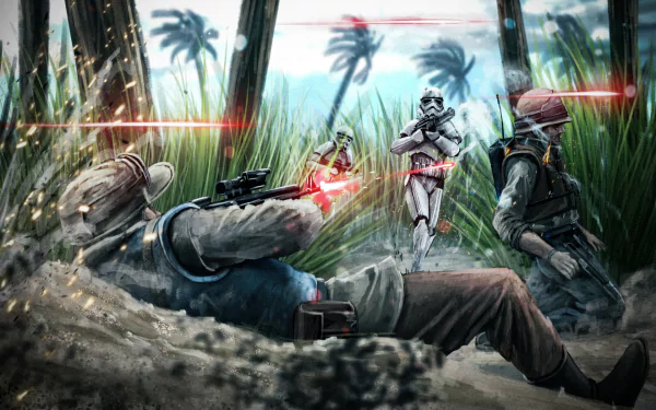 HD PC desktop wallpaper — Star Wars sci‑fi battle: a stormtrooper fires a blaster across tall jungle grass while rebel soldiers return fire amid red laser streaks.