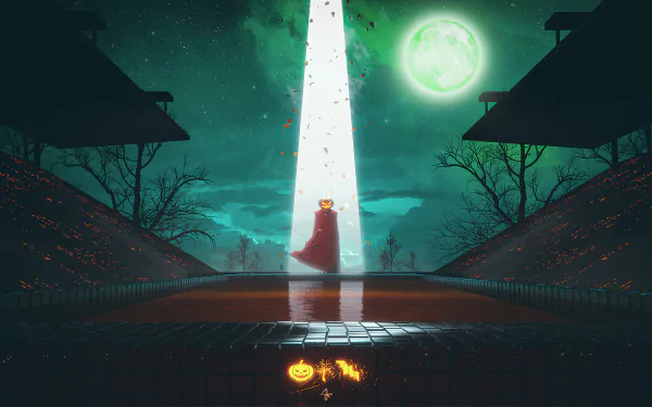 4K Ultra HD Halloween holiday wallpaper featuring a cloaked figure with a pumpkin head illuminated by a beam of light under a glowing full moon in a dark, eerie landscape.