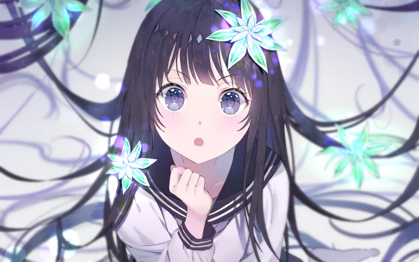 HD desktop wallpaper featuring Eru Chitanda from the anime Hyouka, surrounded by ethereal flowers and vibrant colors.