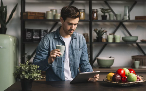 tablet cup kitchen man model HD Desktop Wallpaper | Background Image