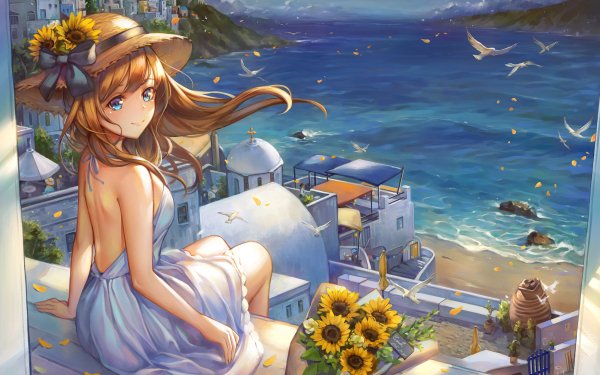 Anime Original Blue Eyes Brown Hair Flower Beach Sea Bird Hat Town HD Wallpaper | Background Image