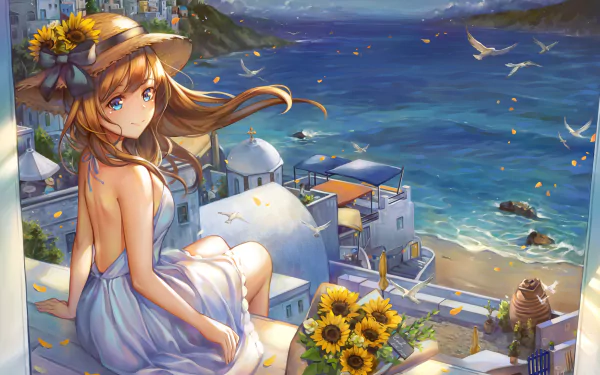 Anime girl with brown hair and blue eyes wearing a hat, sitting by a seaside town with flowers and birds in the background. The image is a HD desktop wallpaper and background.