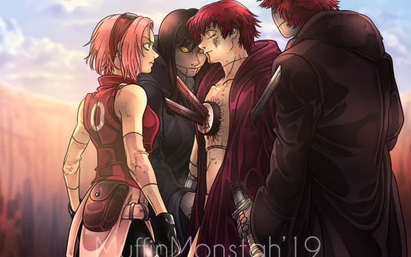 HD anime wallpaper featuring Sakura Haruno with Sasori, Sasori’s Father, and Sasori’s Mother from Naruto, set against a dramatic sunset background.