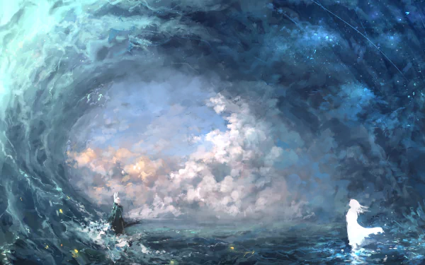 Fantasy ocean scene with swirling waves and two figures standing in the water, depicted in vivid, HD quality. This image serves as a captivating desktop wallpaper and background.