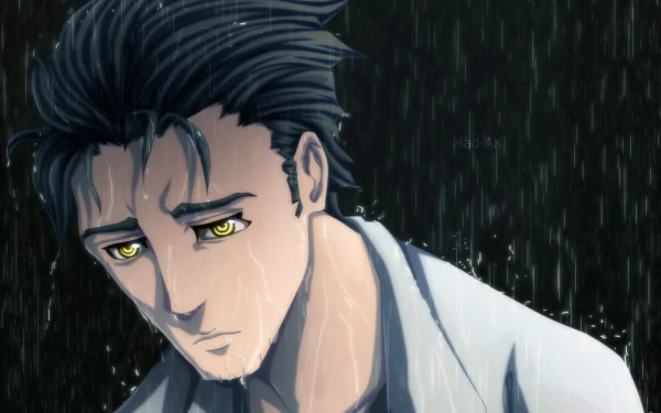 HD anime desktop wallpaper featuring Rintaro Okabe from Steins;Gate, depicted with wet hair and intense yellow eyes under rain.