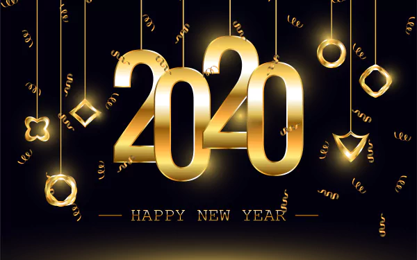 2020 golden numbers with festive confetti and ornaments on a black background, celebrating Happy New Year 2020 in 4K Ultra HD holiday wallpaper style.