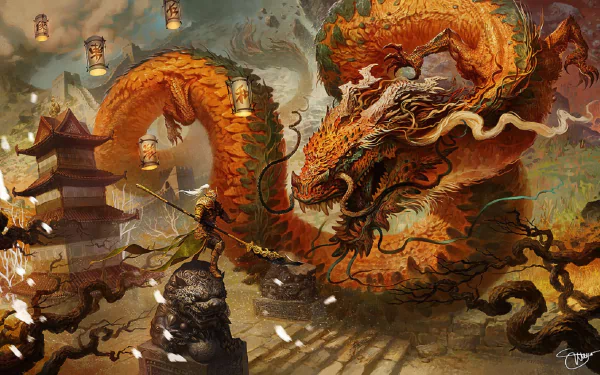 A fantasy warrior battles a massive Chinese dragon near a pagoda, surrounded by floating lanterns in an epic, HD PC desktop wallpaper scene.