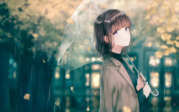 An anime character with short black hair and purple eyes stands under a transparent umbrella on a rainy fall day. The scene is set against a backdrop of autumn leaves and softly lit buildings.