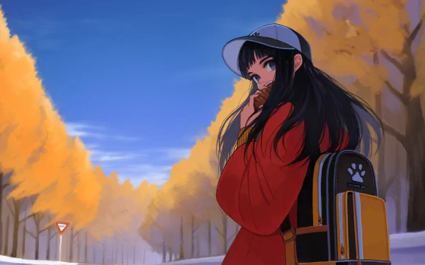 backpack hat black hair road Anime Original HD Desktop Wallpaper | Background Image