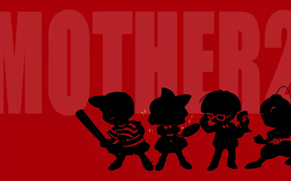 Silhouetted Ness, Paula, Jeff and Poo against bold MOTHER2 text on a red background — EarthBound (Mother 2) 2K Quad HD PC desktop wallpaper.