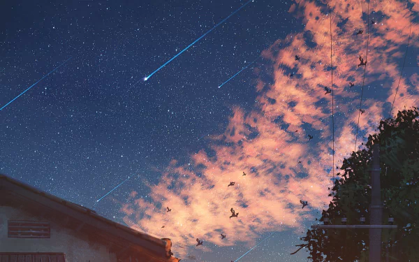 A stunning HD desktop wallpaper featuring an anime-style starry sky with a shooting star, pink clouds, and silhouetted birds against the twilight. The scene is set next to a rooftop and silhouetted trees.