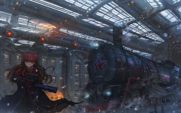 HD anime PC desktop wallpaper featuring a dark, atmospheric train station with a steam locomotive and an anime character holding a weapon inside.